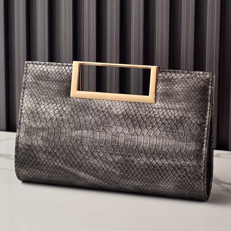 "Black snake print evening clutch with adjustable metal chain strap"