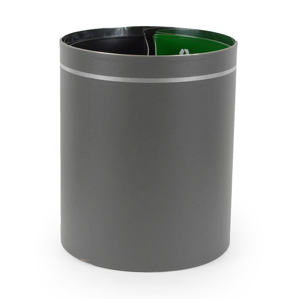 Grey metal wastepaper bin with metallic silver detail, 25x25x30cm square design"