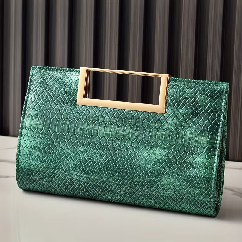 Green snake print evening clutch with envelope design and chain strap"