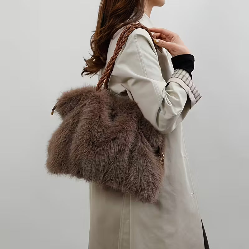Faux Fur Bucket Bag - Large Capacity Plush Handbag Brown