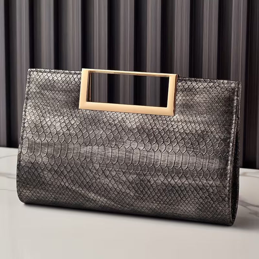 "Black snake print evening clutch with adjustable metal chain strap"