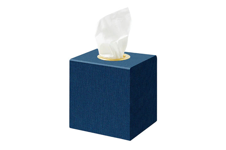 Indigo Blue- Blue Fabric  Tissue Box Cubed Cover with antique brass ring 14cm