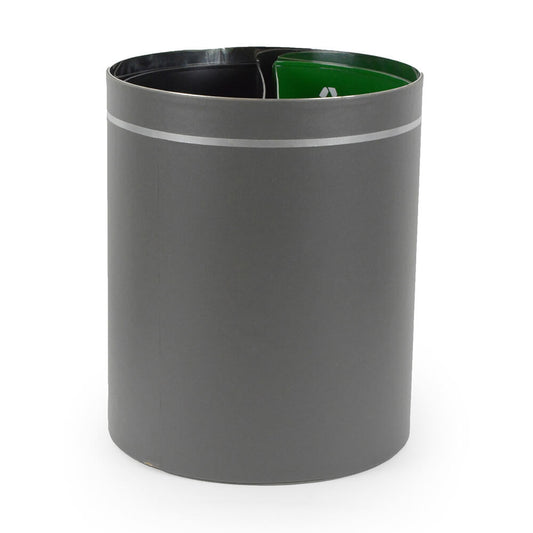 Grey metal wastepaper bin with metallic silver detail, 25x25x30cm square design"