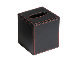 Red Martin Lane  - Black Leather Tissue Box Cubed Cover with Red Stitch 13cm