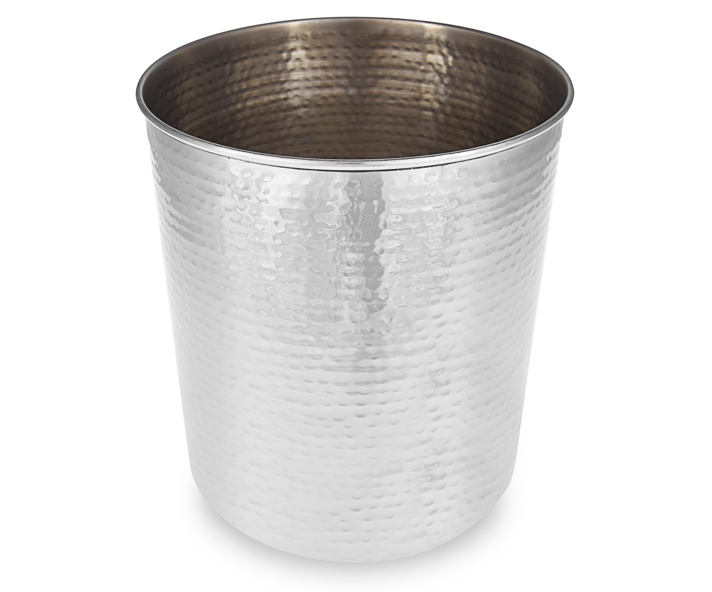 A silver stainless steel waste bin with a hammered polished finish, in a cylindrical shape.