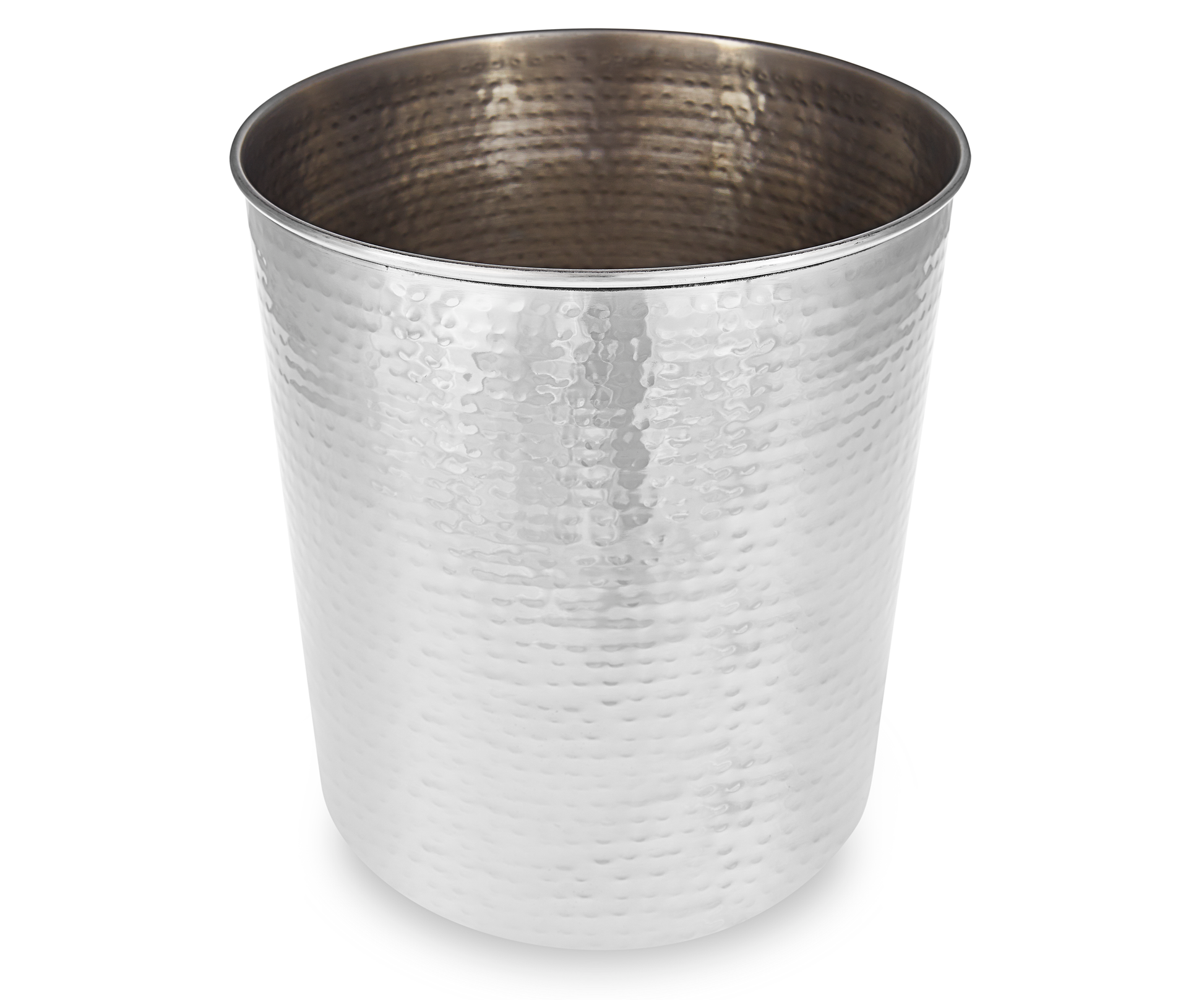 A silver stainless steel waste bin with a hammered polished finish, in a cylindrical shape.