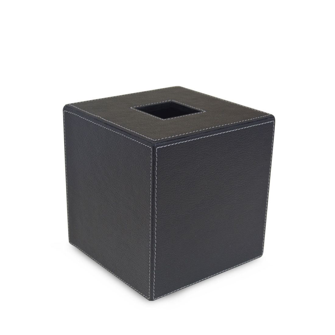 Black faux leather tissue box cover with white stitching.