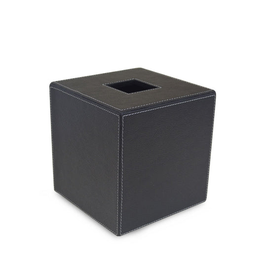 Black faux leather tissue box cover with white stitching.