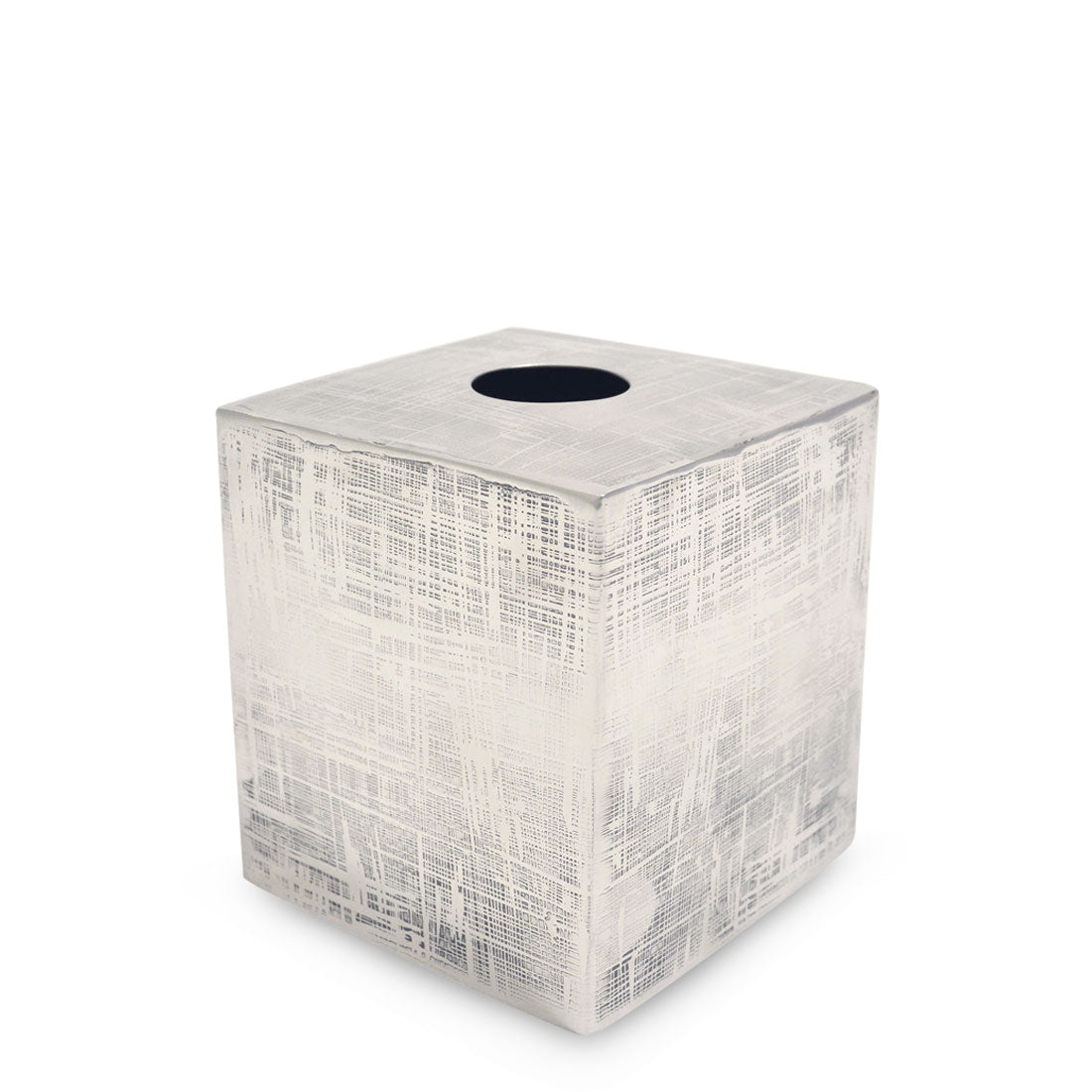 Textured metal tissue box holder with crossline pattern detail"